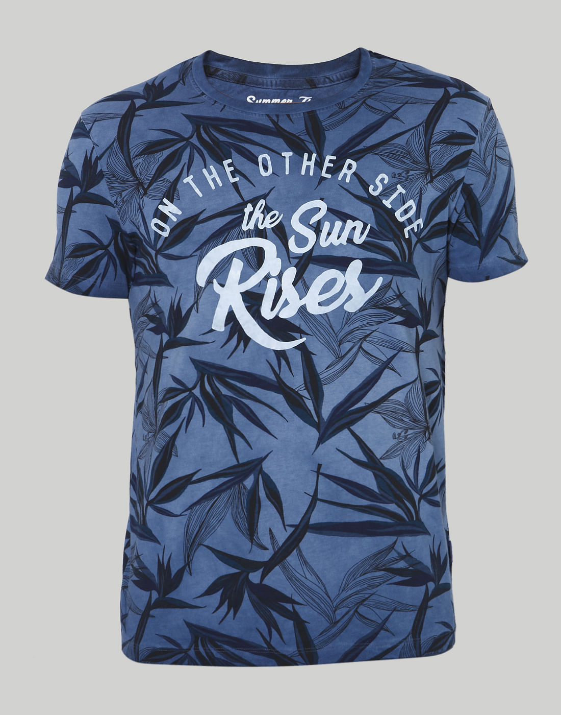 Blue Tropical Print Crew Neck T-Shirt