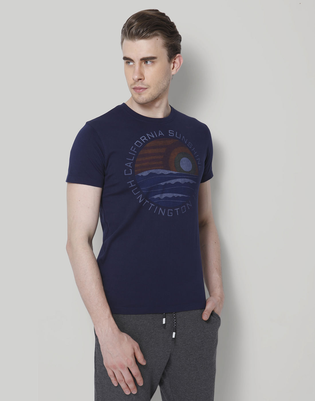 Dark Blue Text Print Crew Neck T-Shirt - S