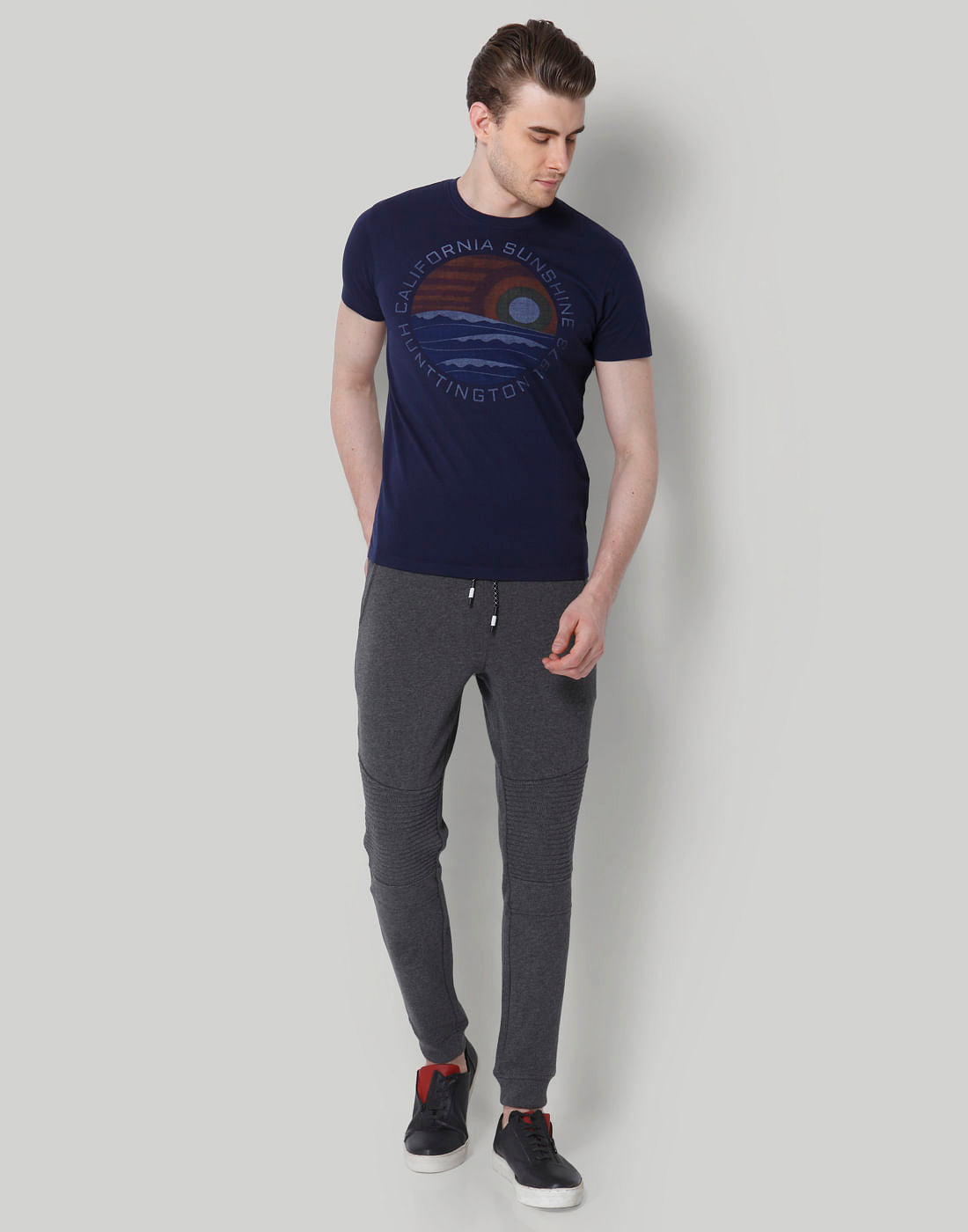 Dark Blue Text Print Crew Neck T-Shirt