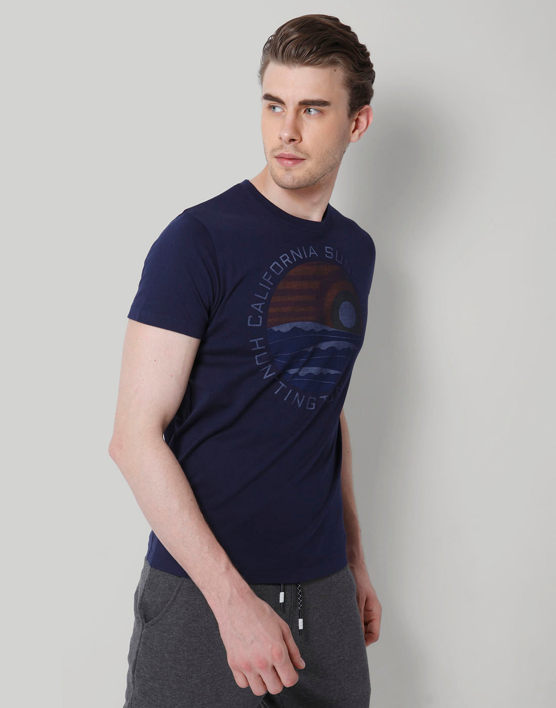 Dark Blue Text Print Crew Neck T-Shirt