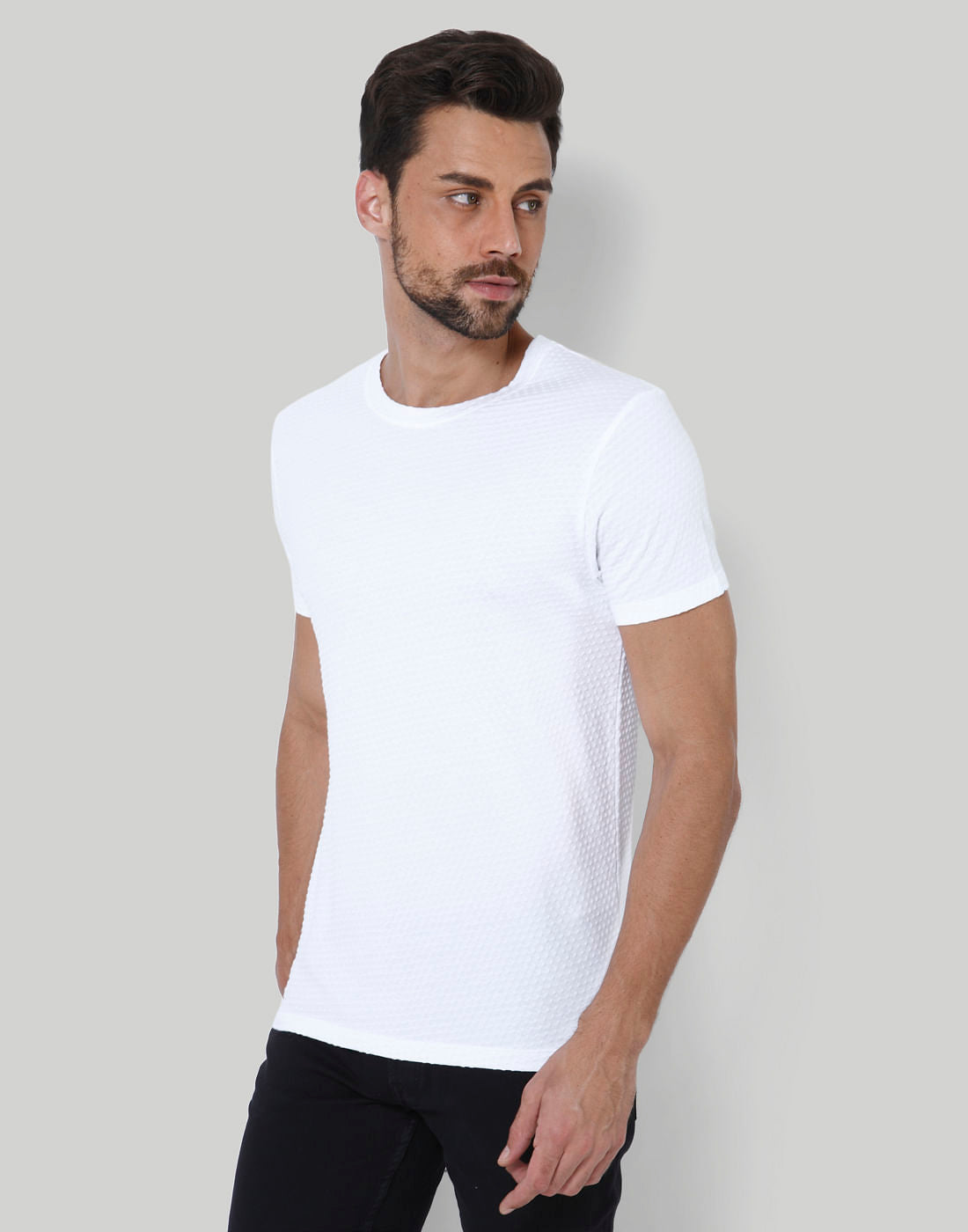 White Self Design Crew Neck T-Shirt - S