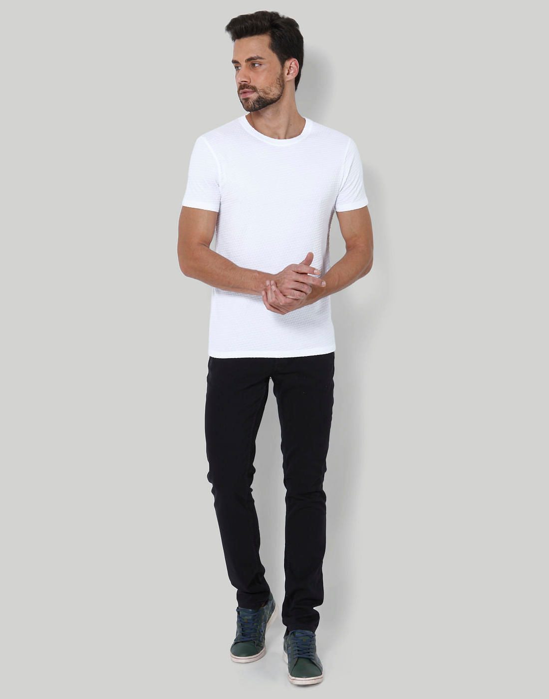 White Self Design Crew Neck T-Shirt