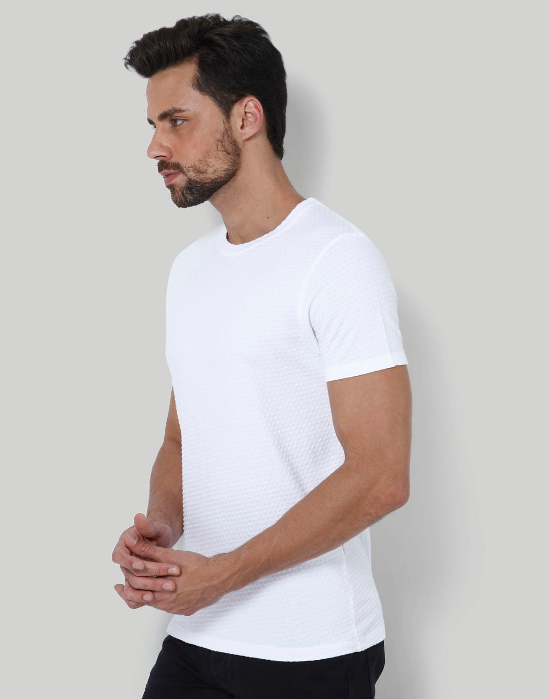 White Self Design Crew Neck T-Shirt