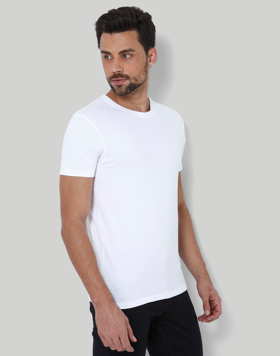 White Self Design Crew Neck T-Shirt