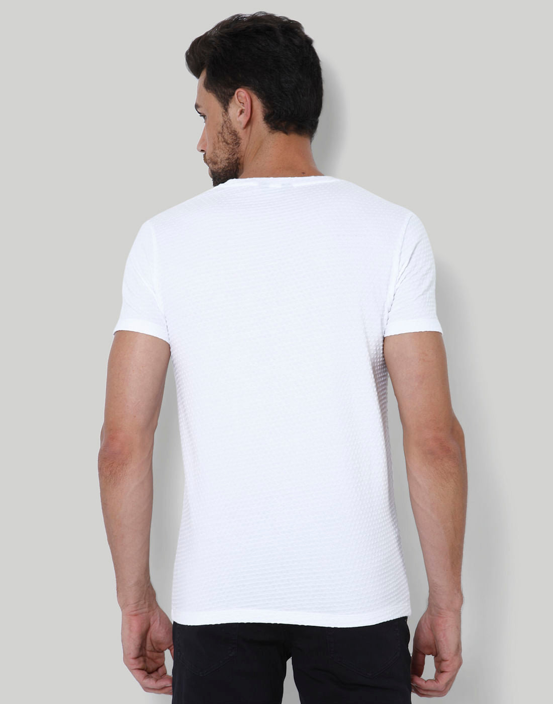 White Self Design Crew Neck T-Shirt