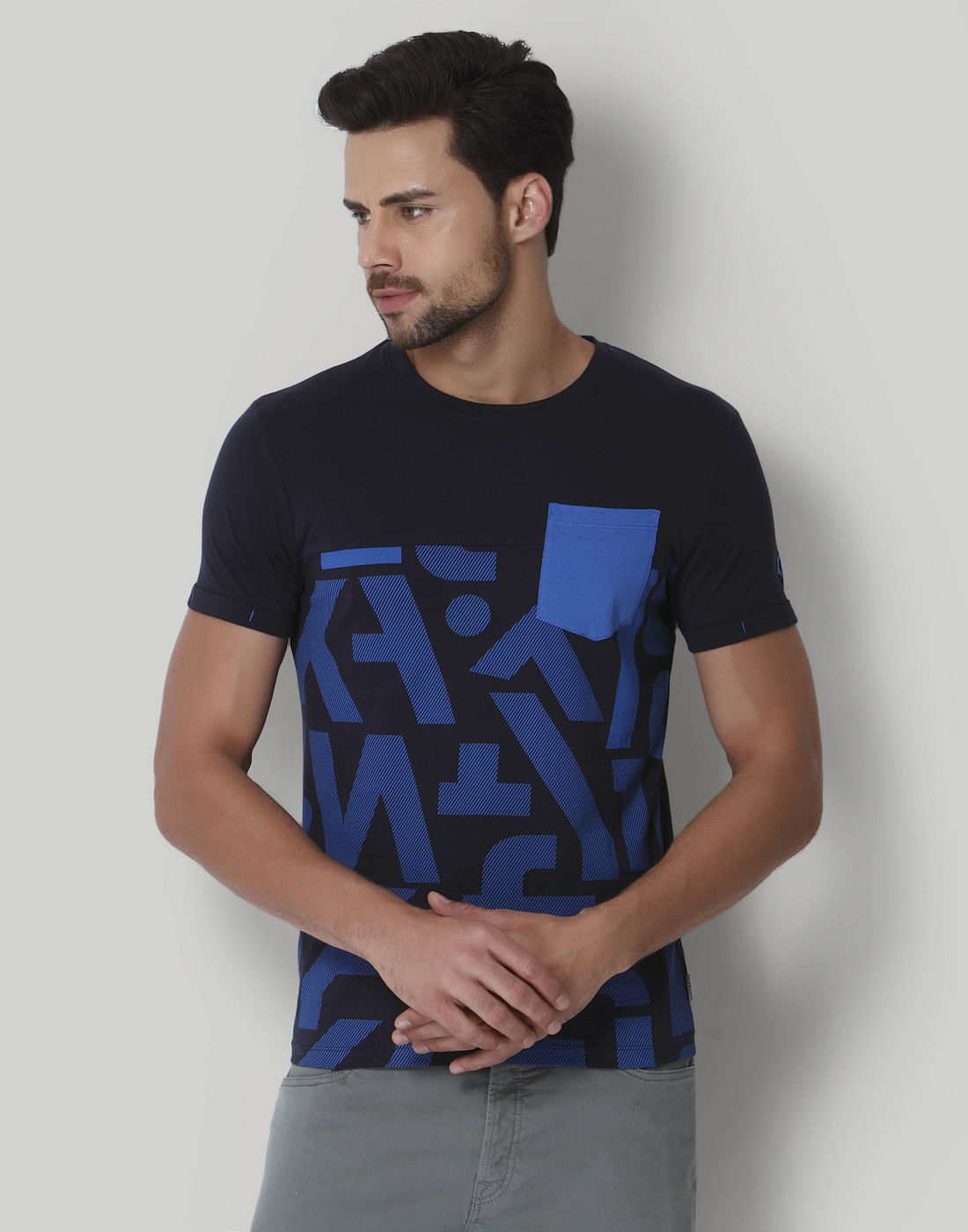Blue Graphic Print Crew Neck T-Shirt - S