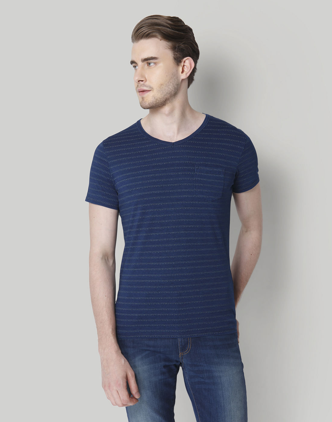 Blue Printed Crew Neck T-Shirt - S