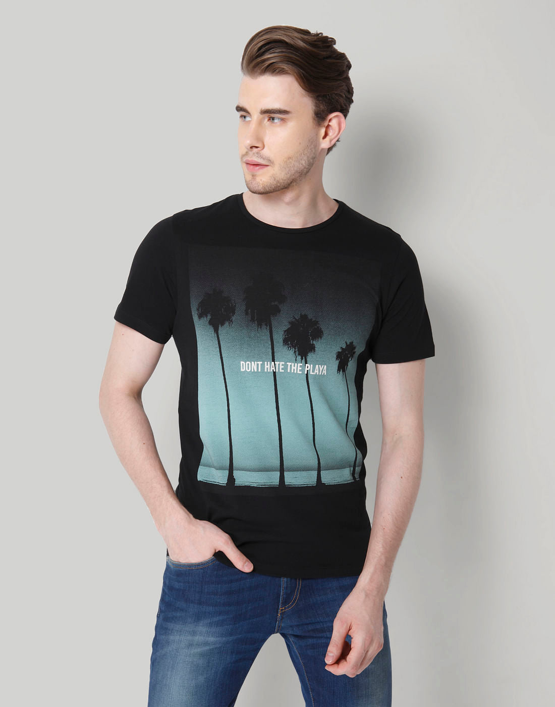 Black Graphic Print Crew Neck T-Shirt - S