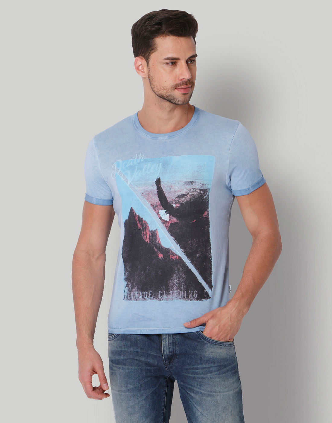 Blue Graphic Print Crew Neck T-Shirt - S