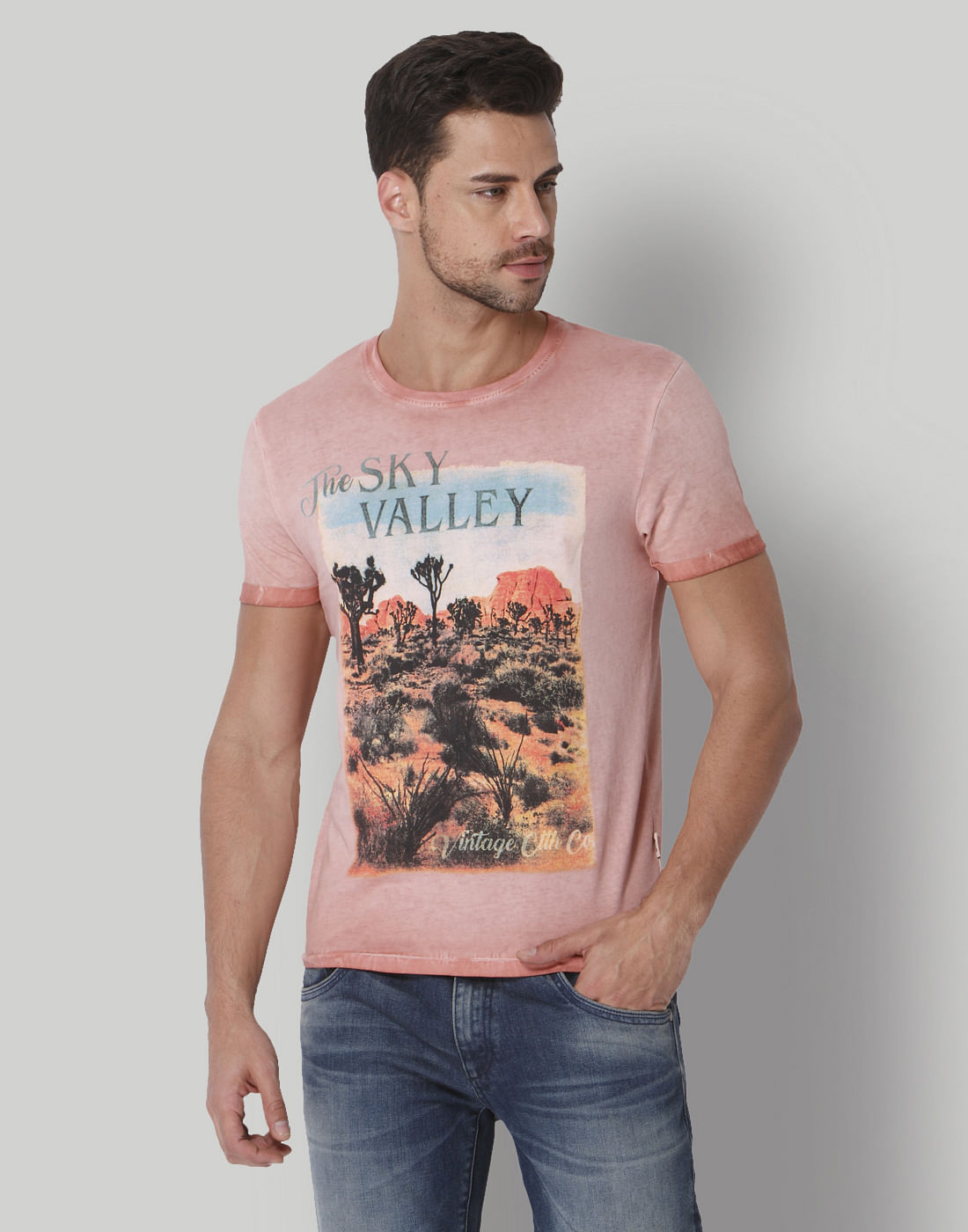 Peach Graphic Print Crew Neck T-Shirt - S