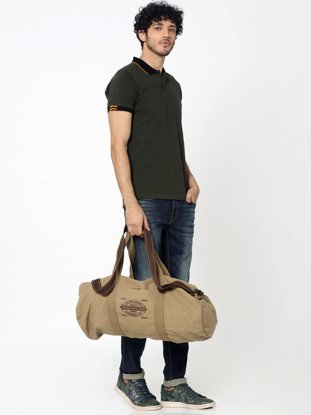 Olive Green Contrast Collar Jacquard Polo T-Shirt