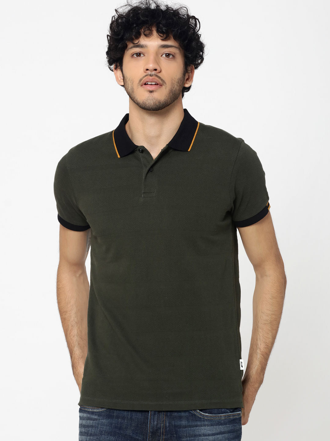 Olive Green Contrast Collar Jacquard Polo T-Shirt - S
