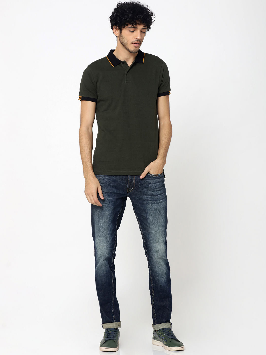 Olive Green Contrast Collar Jacquard Polo T-Shirt