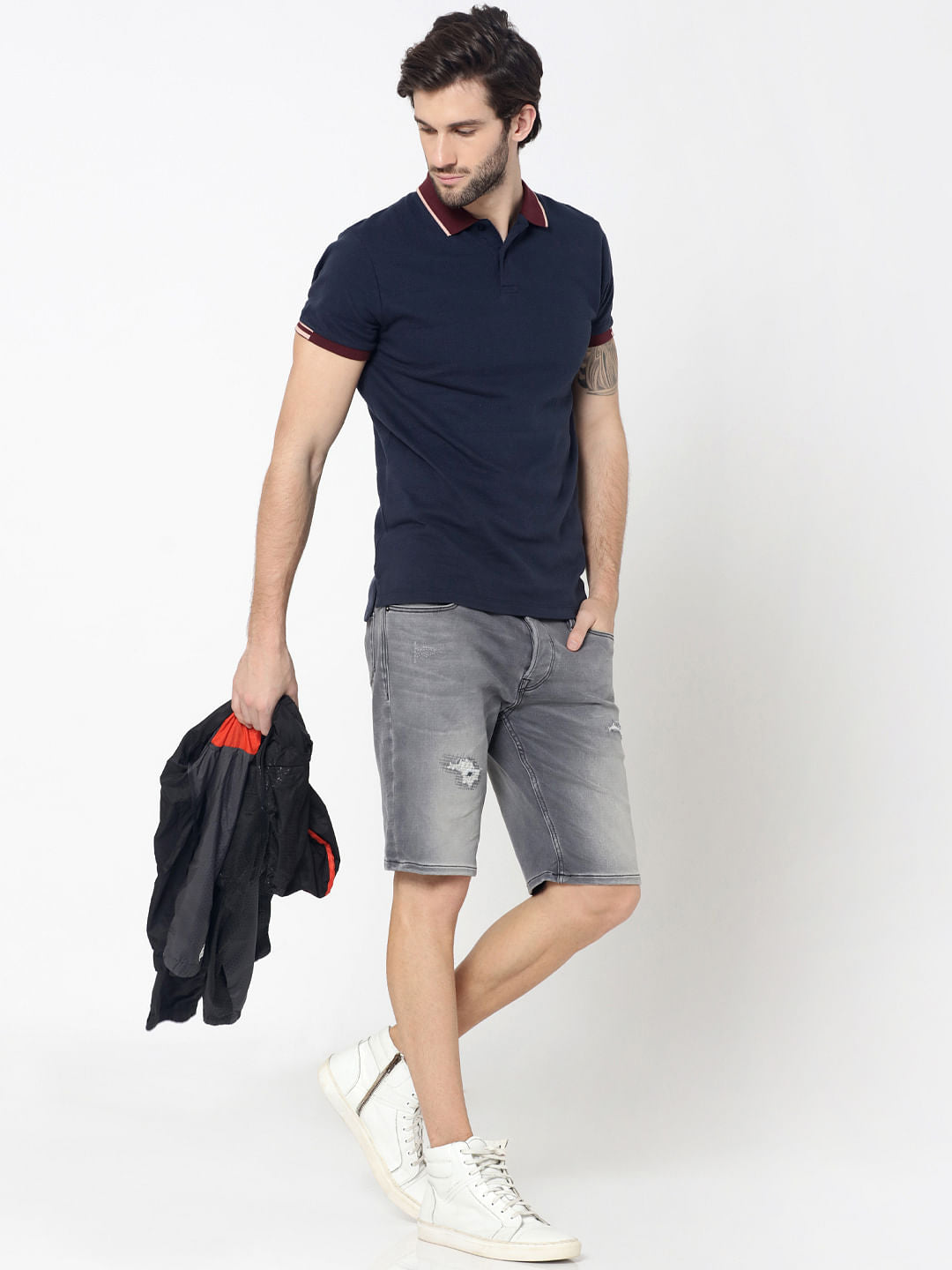 Dark Blue Contrast Collar Jacquard Polo T-Shirt