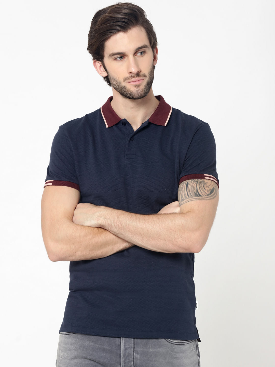 Dark Blue Contrast Collar Jacquard Polo T-Shirt - S