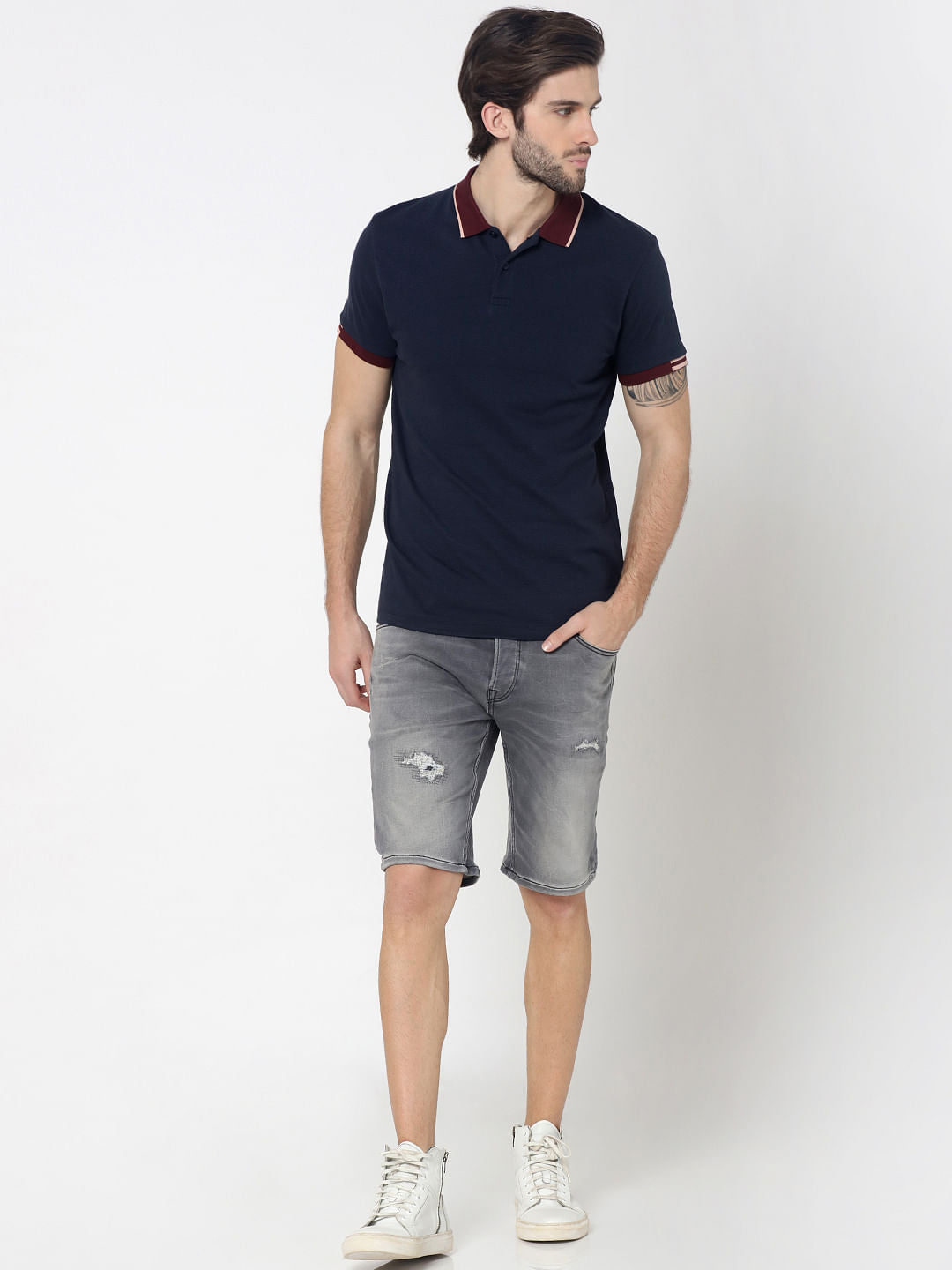 Dark Blue Contrast Collar Jacquard Polo T-Shirt
