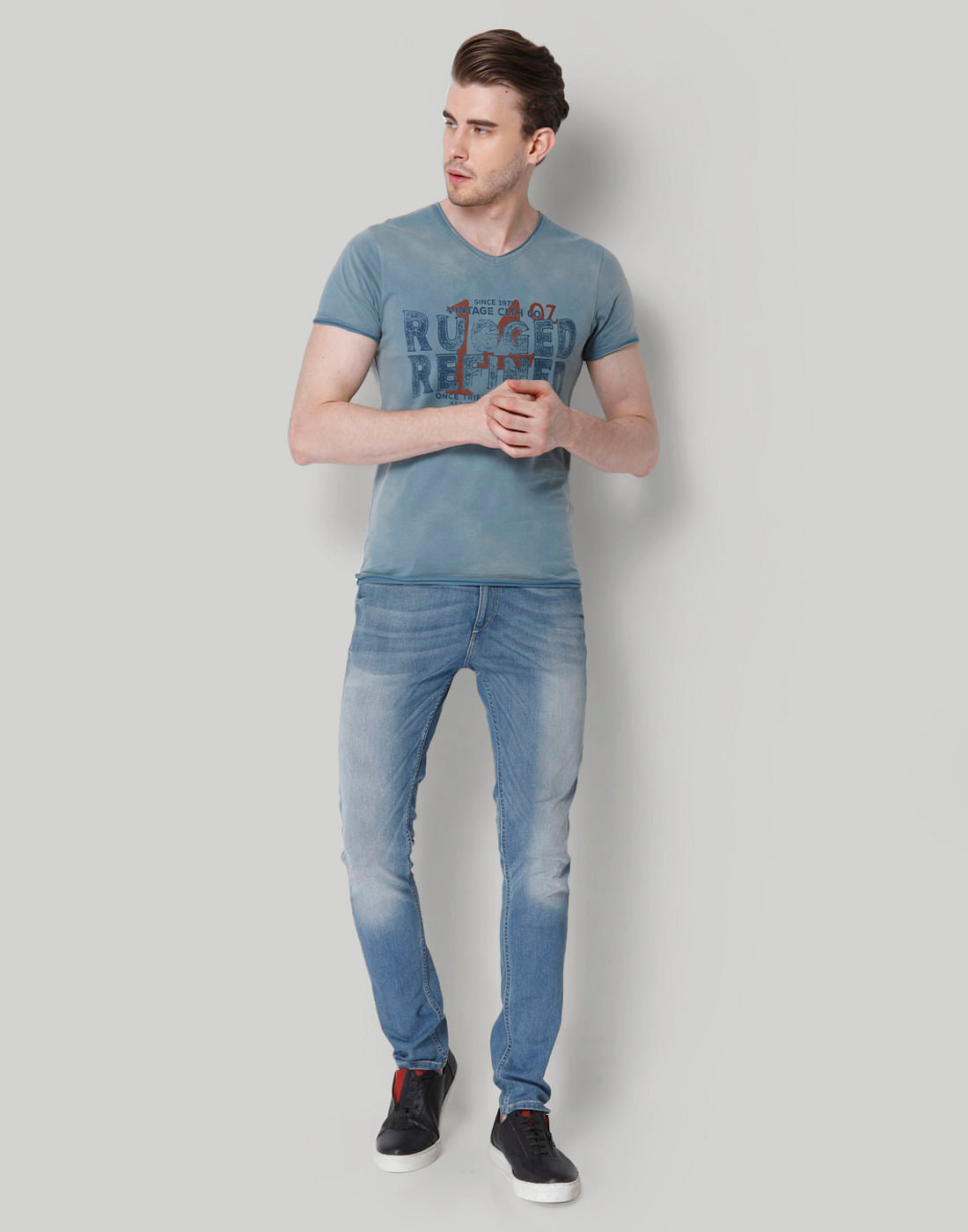 Turquoise Graphic Printed V-Neck T-Shirt