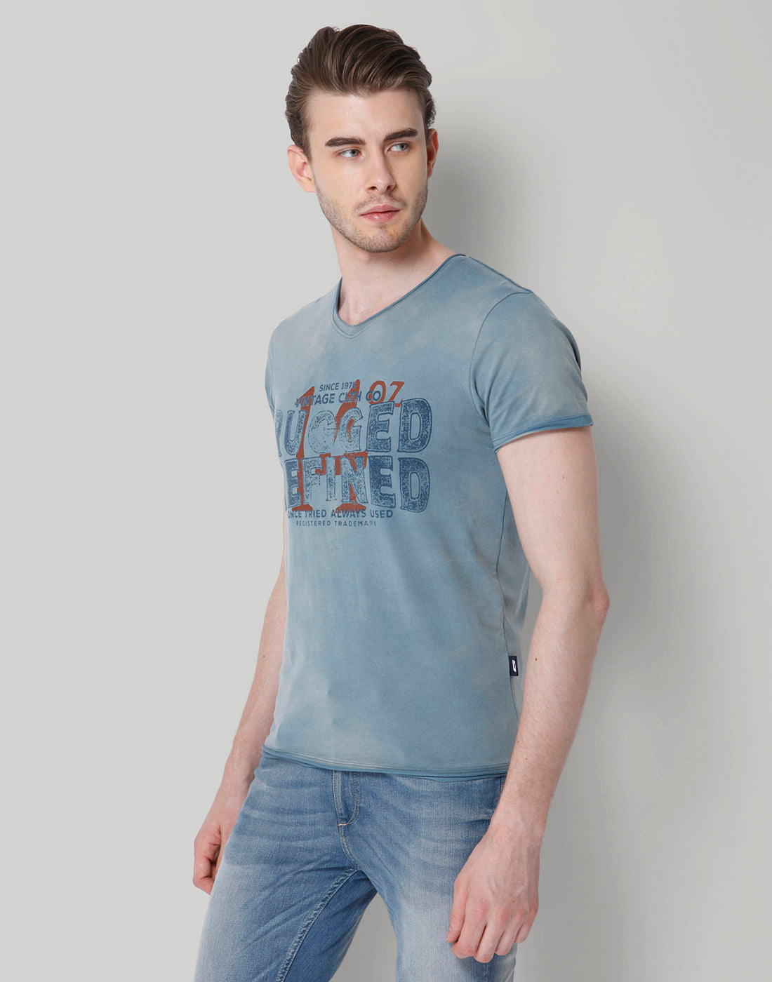 Turquoise Graphic Printed V-Neck T-Shirt