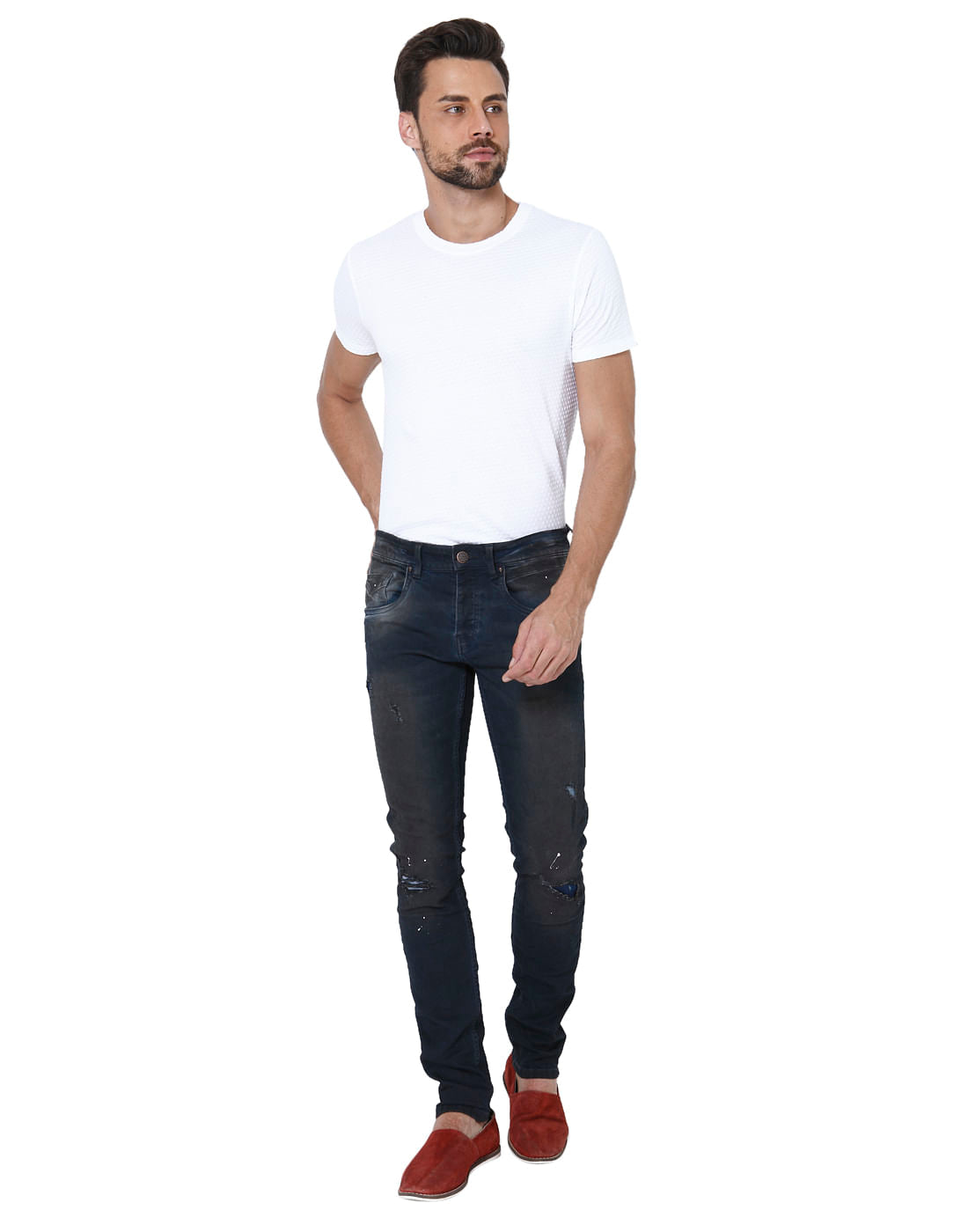 Dark Blue Distressed Slim Fit Jeans