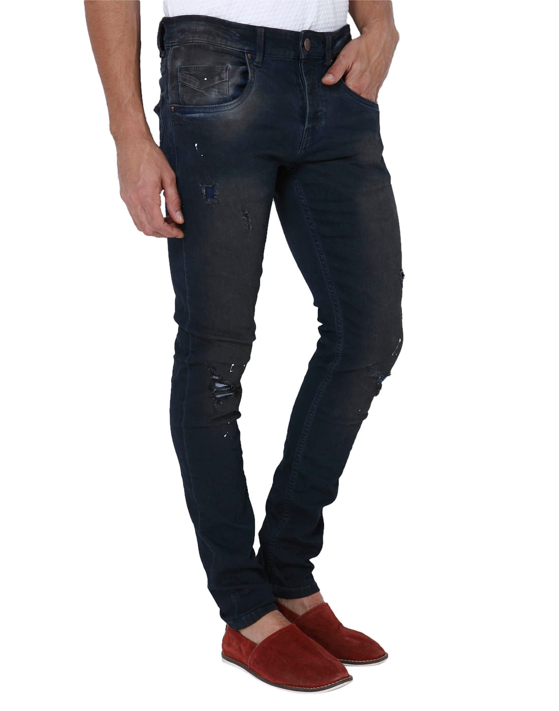 Dark Blue Distressed Slim Fit Jeans