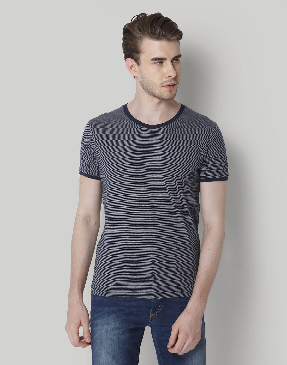Blue Striped V-Neck T-Shirt - S