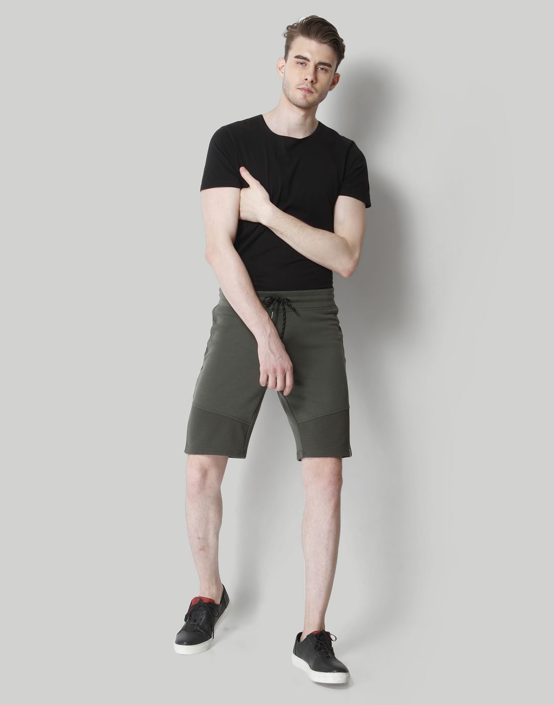 Olive Green Mesh Detail Sweatshorts