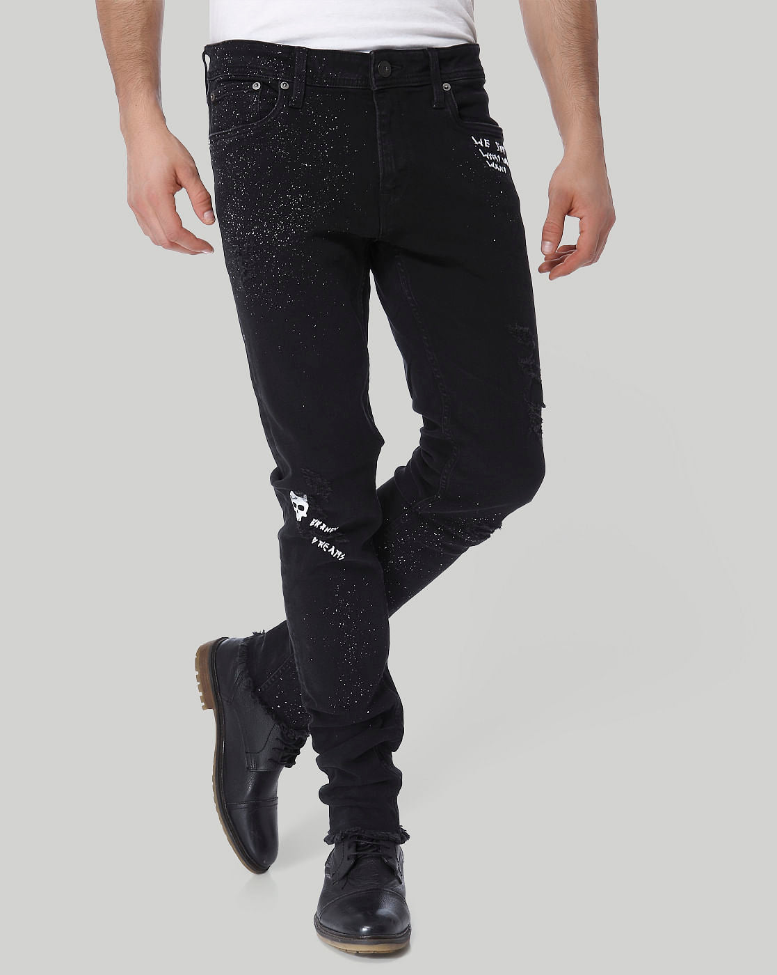 Black Text Print Low Rise Skinny Fit Jeans - 28/32