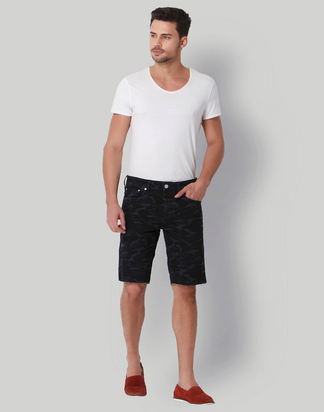 Dark Blue Camo Print Mid Rise Shorts