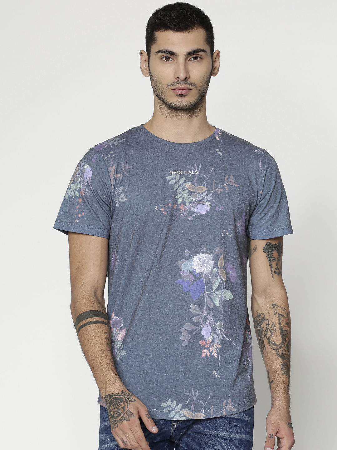 Green Floral Print Slim Fit Crew Neck T-Shirt