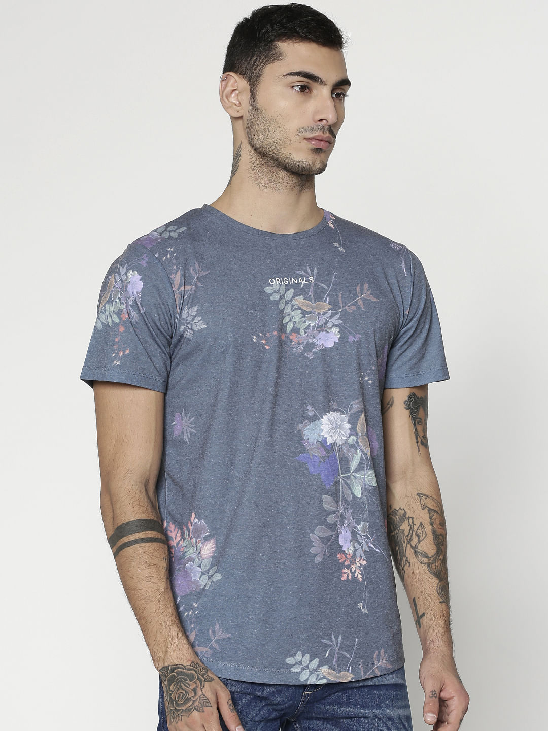Green Floral Print Slim Fit Crew Neck T-Shirt