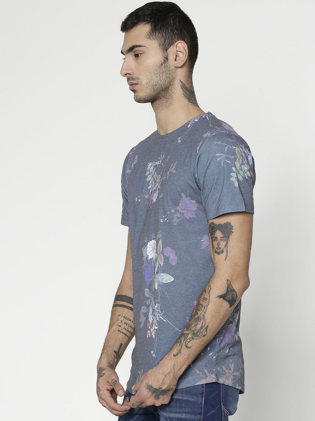 Green Floral Print Slim Fit Crew Neck T-Shirt