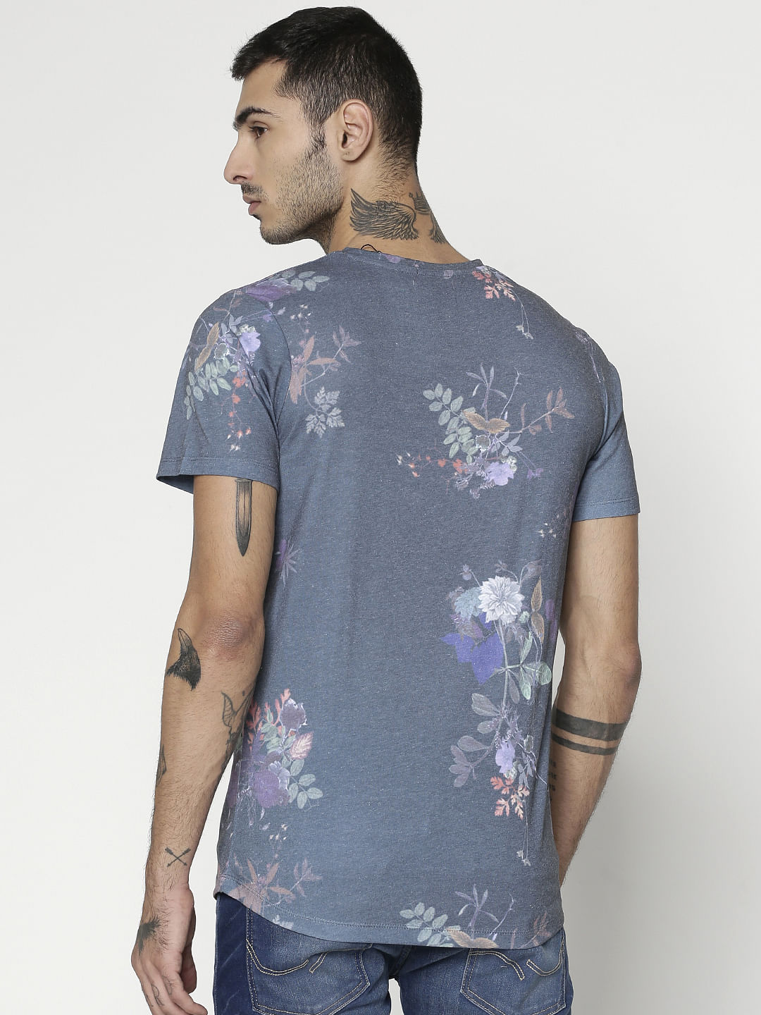 Green Floral Print Slim Fit Crew Neck T-Shirt