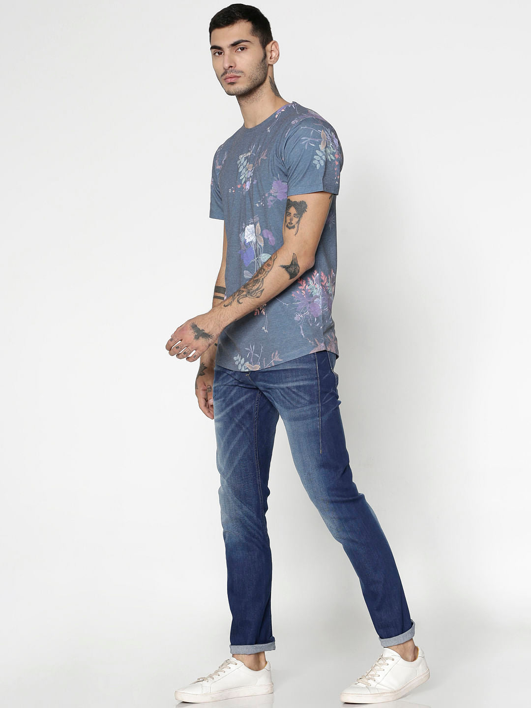 Green Floral Print Slim Fit Crew Neck T-Shirt