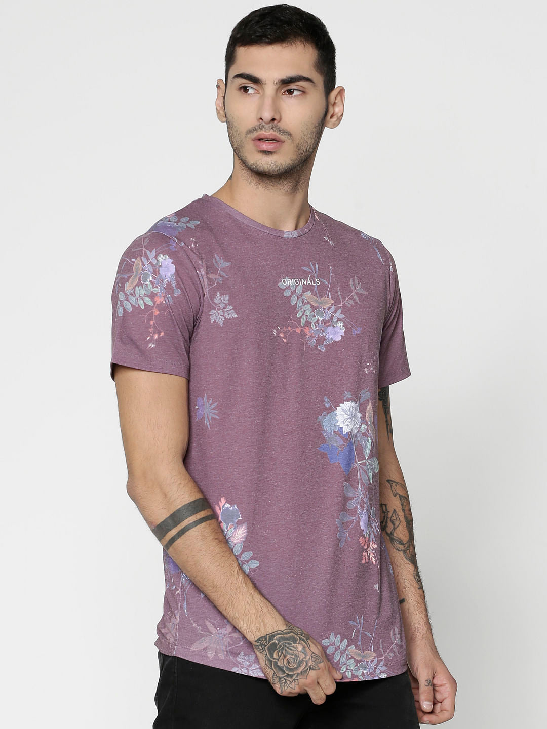 Red Floral Print Slim Fit Crew Neck T-Shirt
