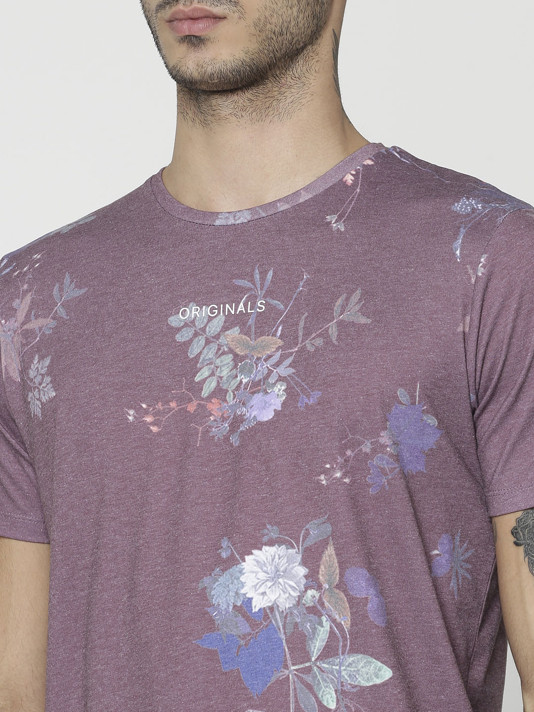 Red Floral Print Slim Fit Crew Neck T-Shirt