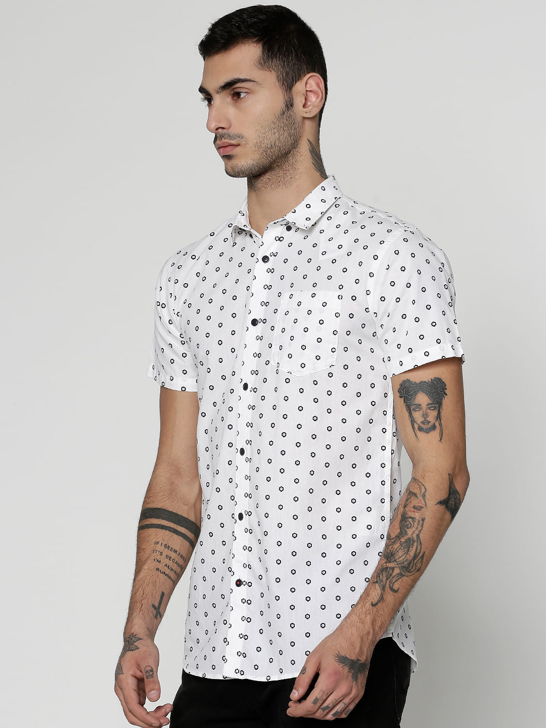 White All Over Dotted Print Slim Fit Short Sleeves Shirt