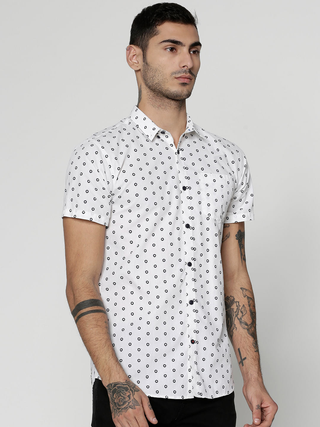 White All Over Dotted Print Slim Fit Short Sleeves Shirt