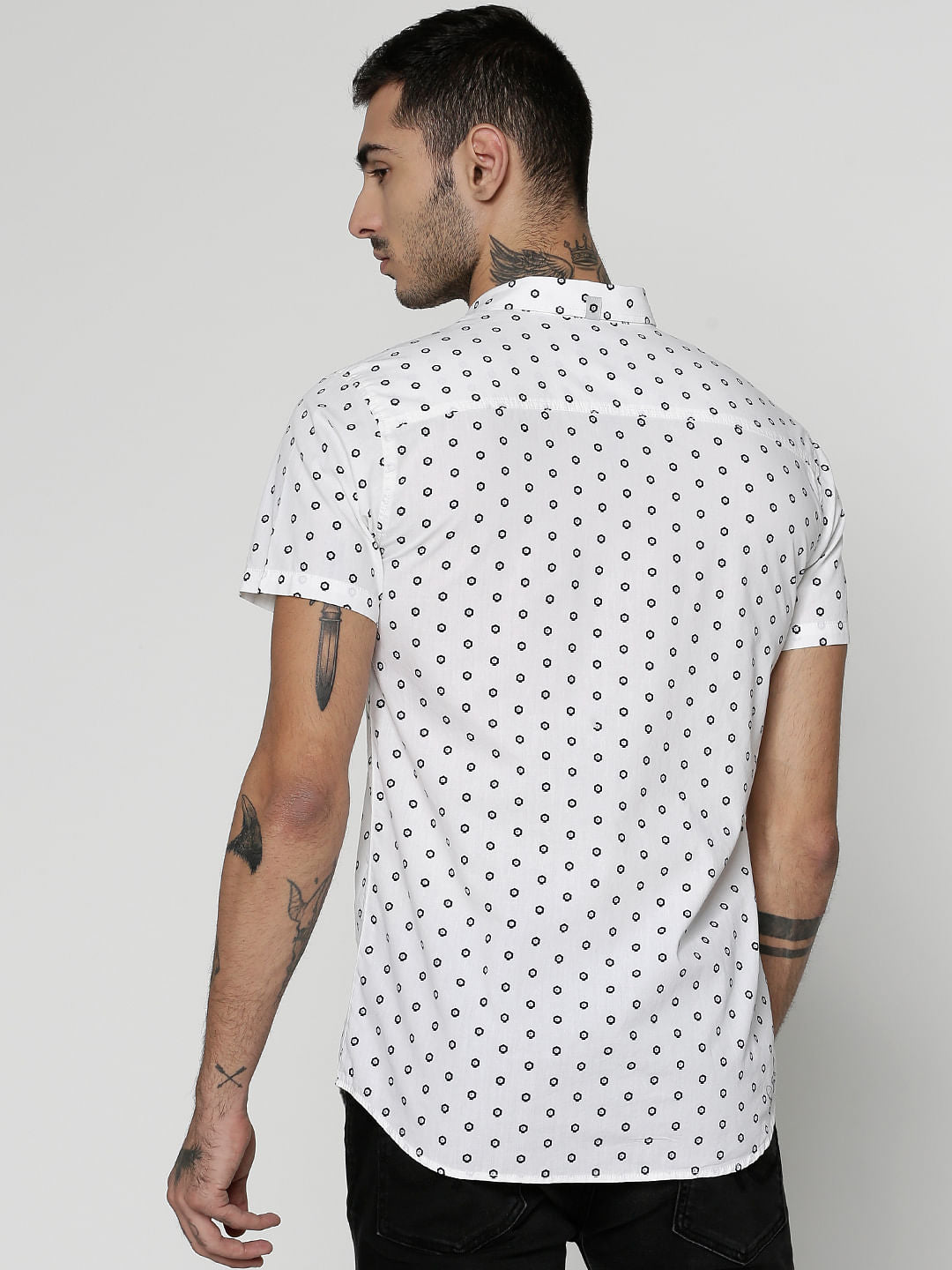 White All Over Dotted Print Slim Fit Short Sleeves Shirt