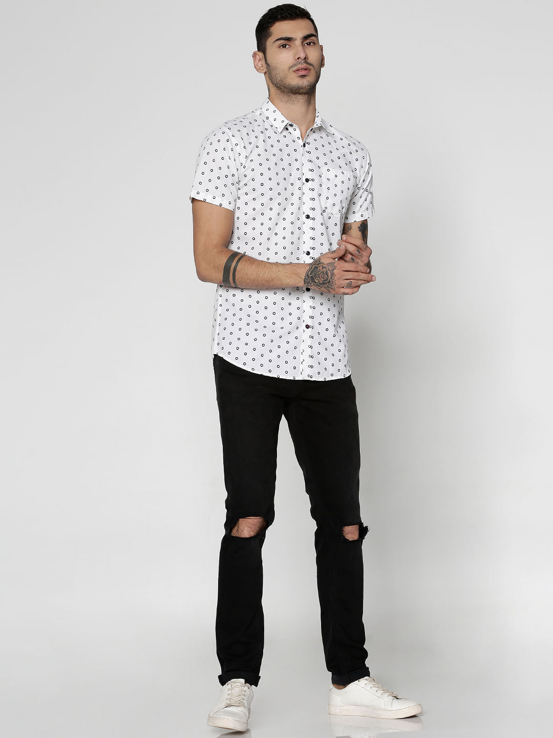 White All Over Dotted Print Slim Fit Short Sleeves Shirt