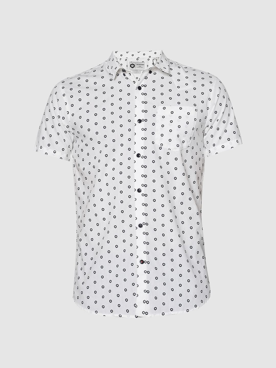 White All Over Dotted Print Slim Fit Short Sleeves Shirt