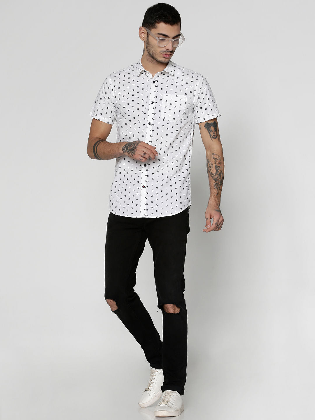 White All Over Dotted Print Slim Fit Short Sleeves Shirt