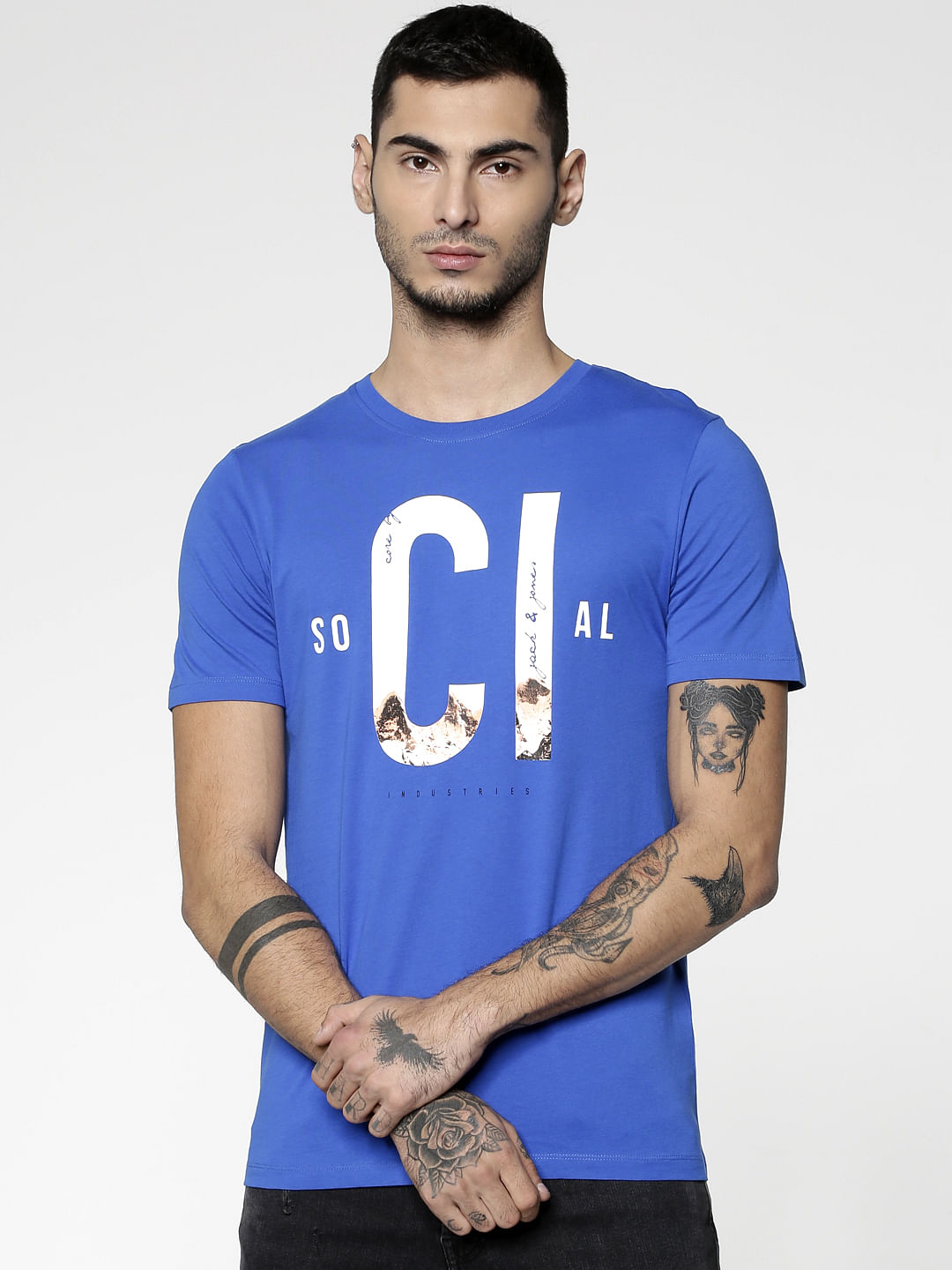 Blue Text Print Slim Fit Crew Neck T-Shirt