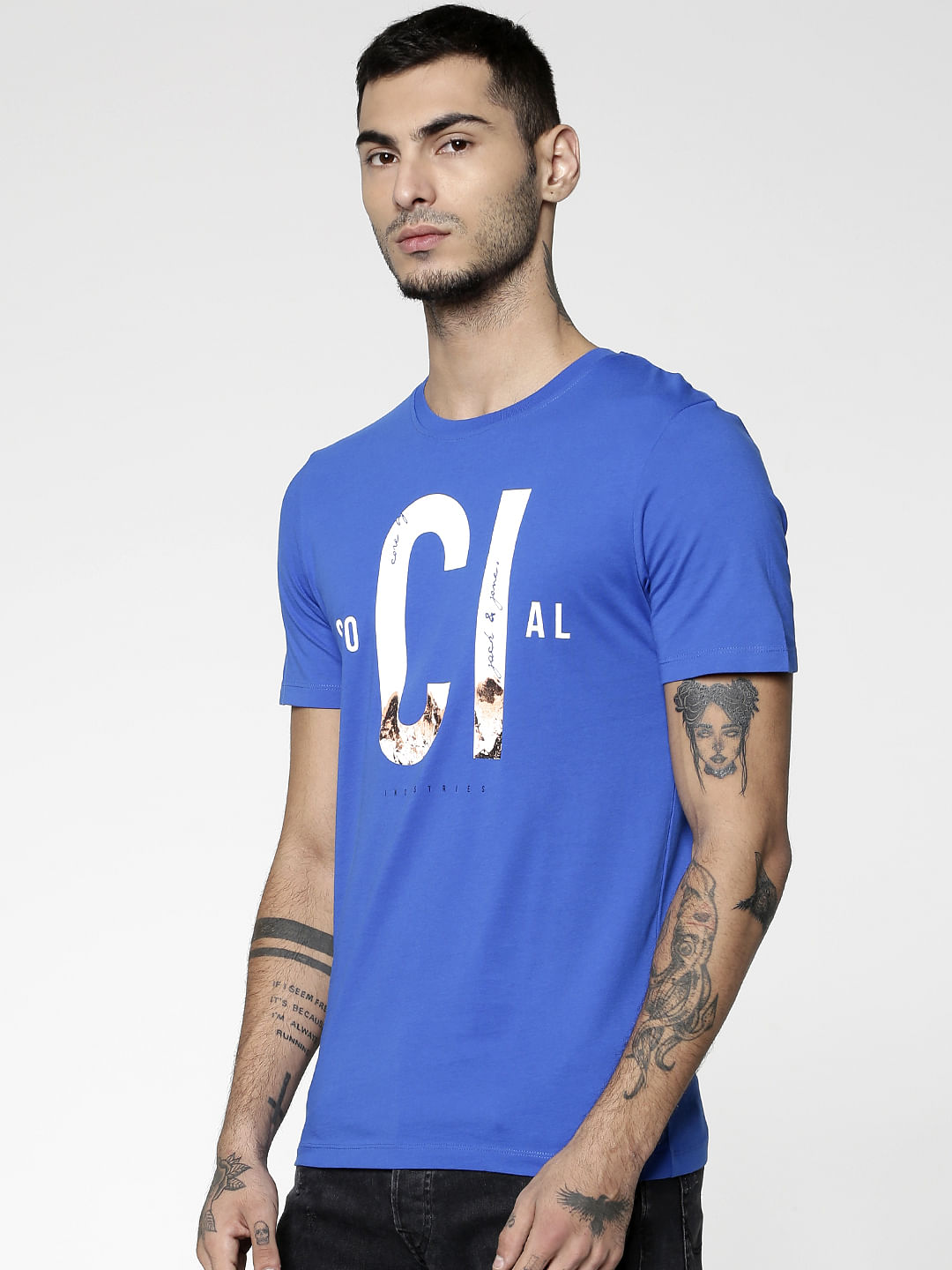 Blue Text Print Slim Fit Crew Neck T-Shirt