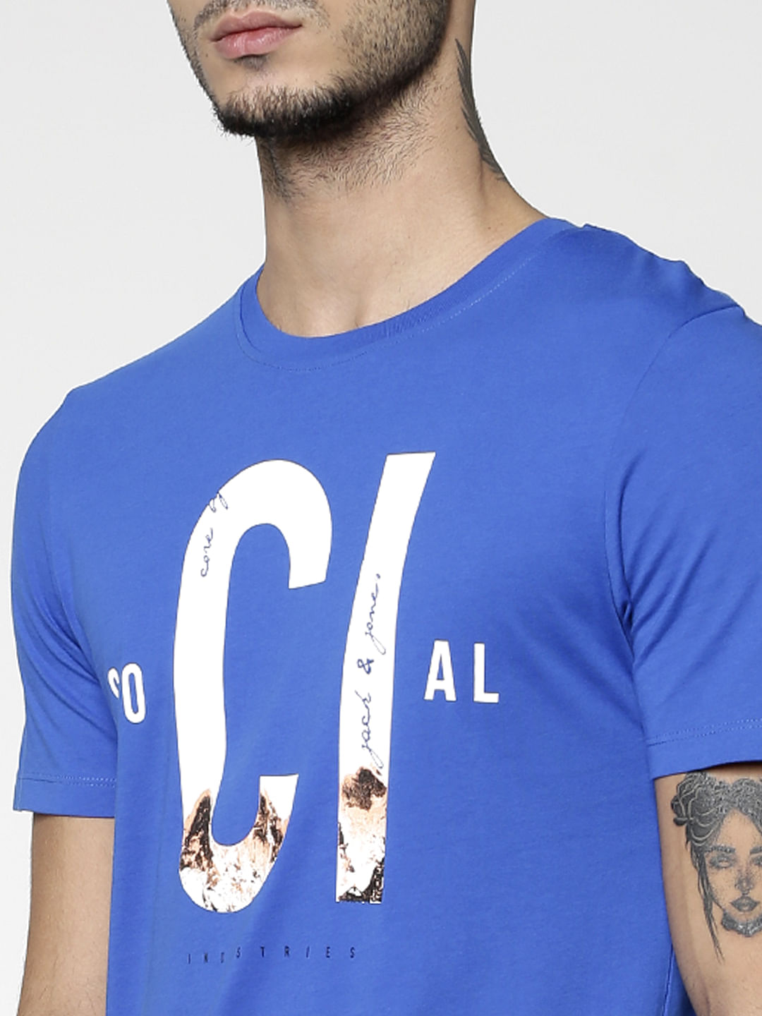 Blue Text Print Slim Fit Crew Neck T-Shirt