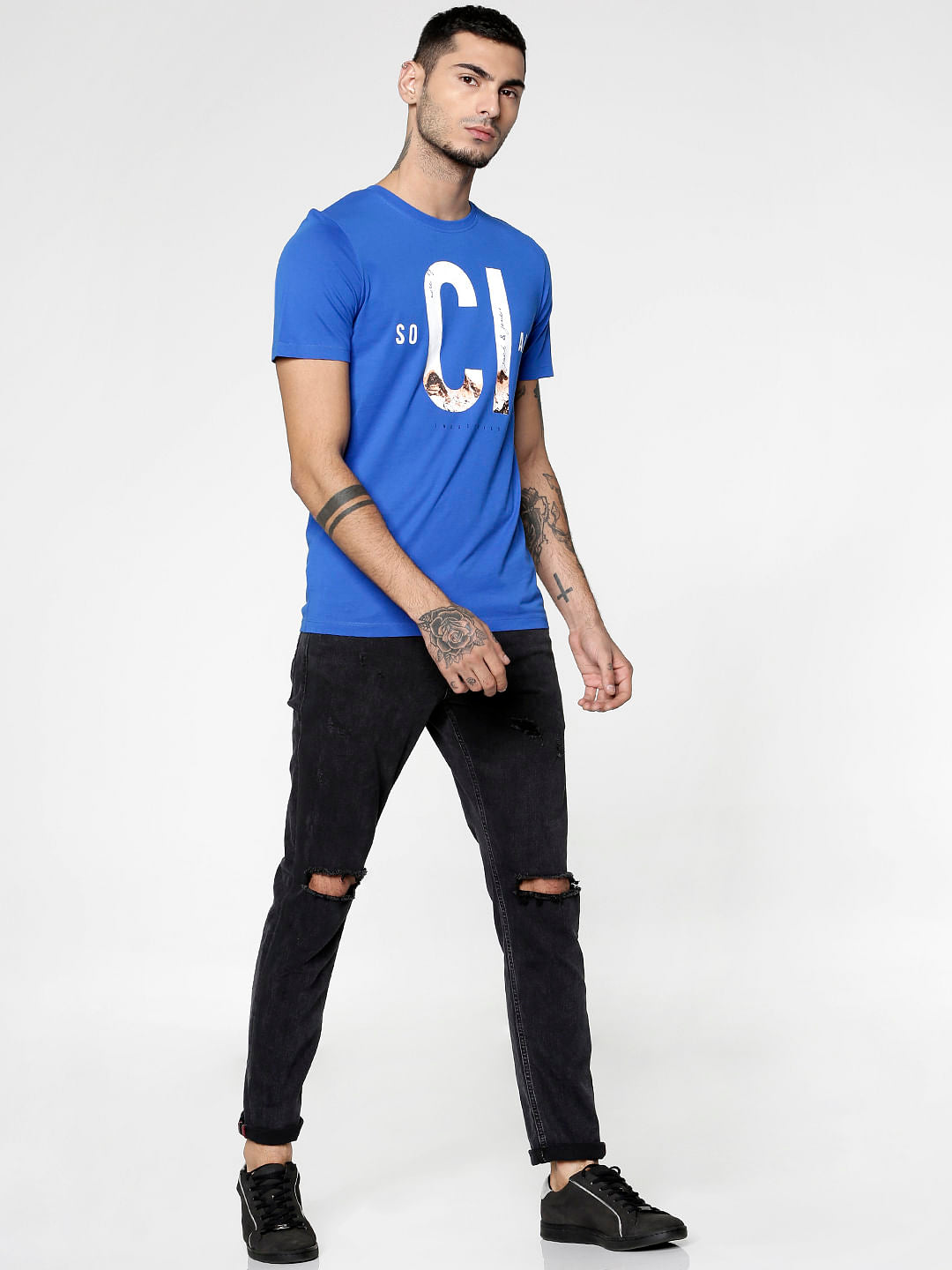 Blue Text Print Slim Fit Crew Neck T-Shirt