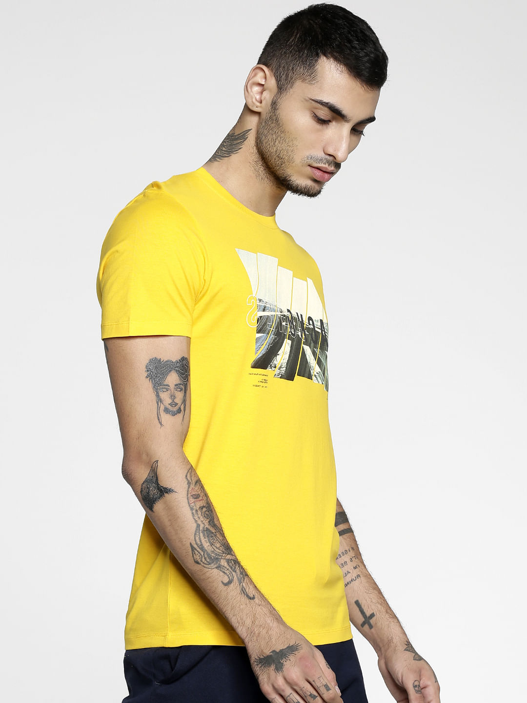 Yellow Graphic Print Slim Fit Crew Neck T-Shirt