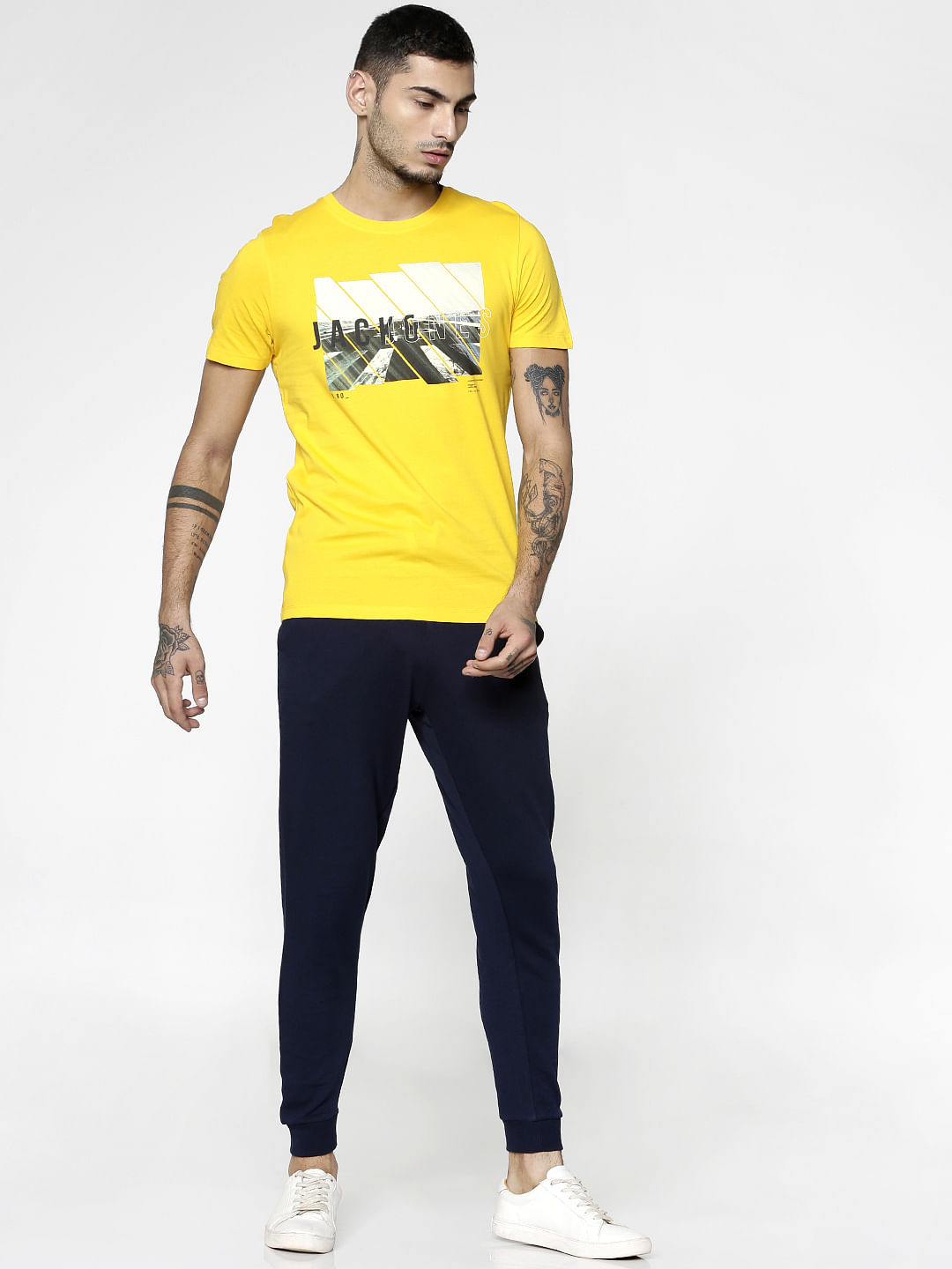 Yellow Graphic Print Slim Fit Crew Neck T-Shirt