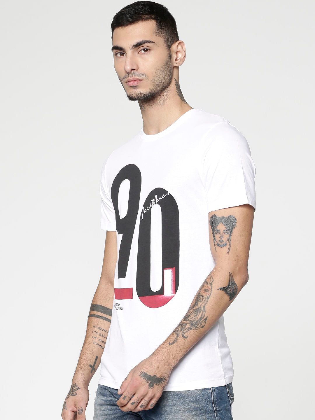 White Typographic Print Slim Fit Crew Neck T-Shirt