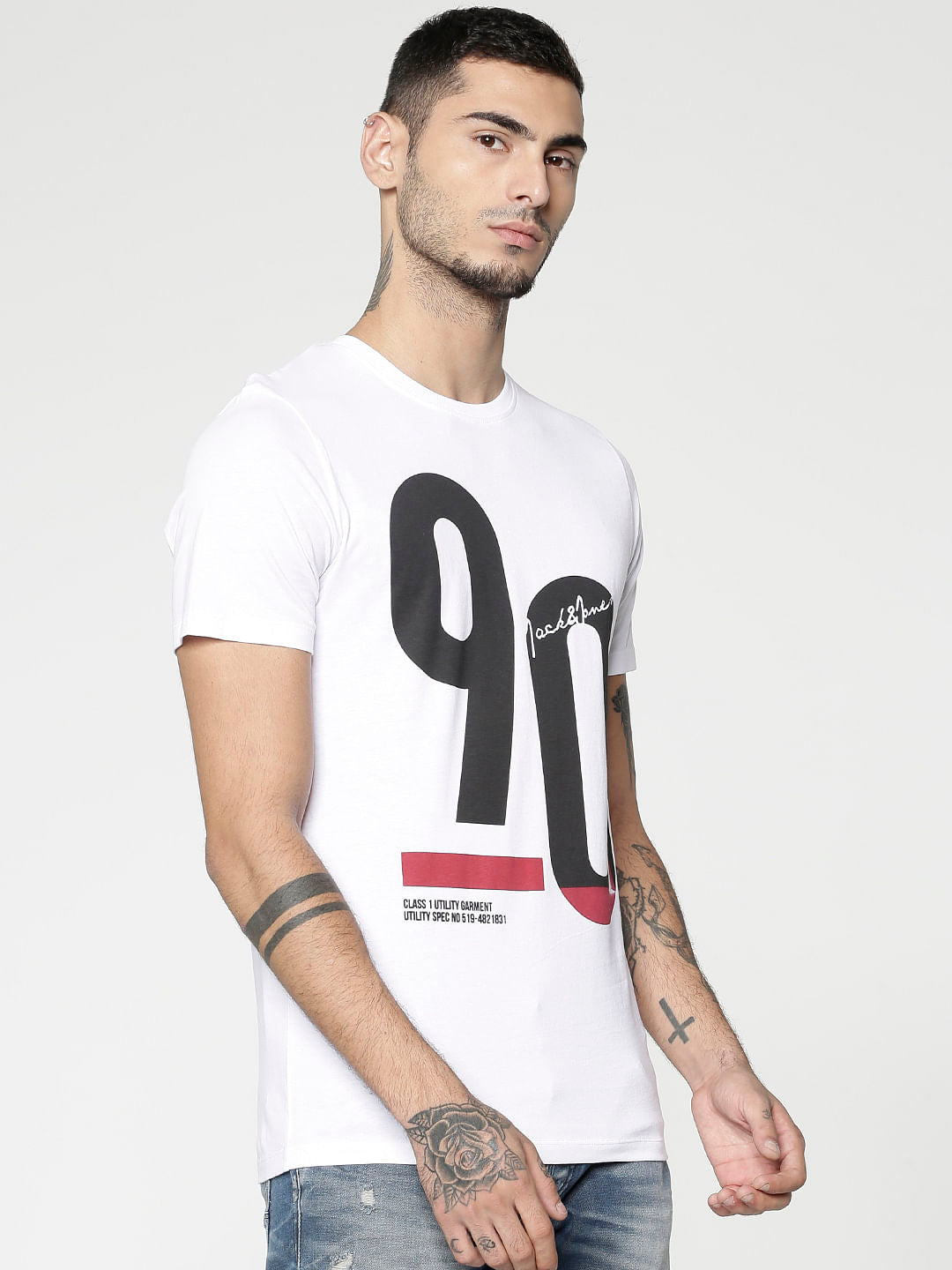 White Typographic Print Slim Fit Crew Neck T-Shirt