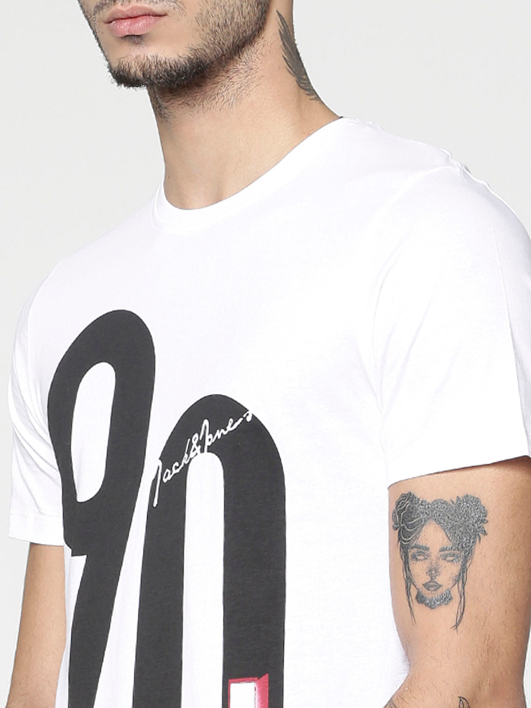 White Typographic Print Slim Fit Crew Neck T-Shirt